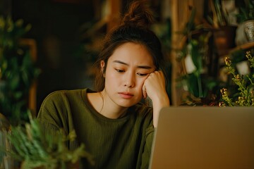 Sad Woman Using Laptop