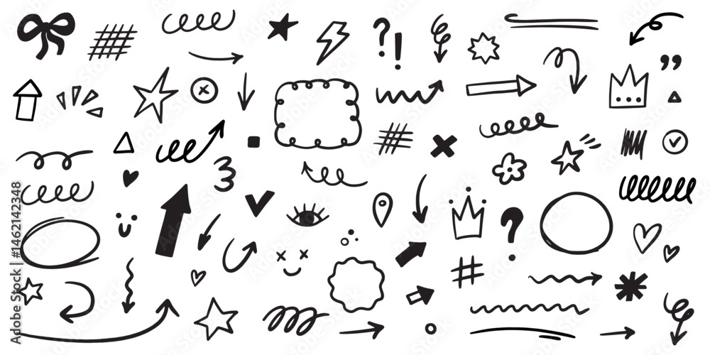 Poster marker scribble elements collection. grunge hand drawn icons, strokes, underlines, wave brush marks.