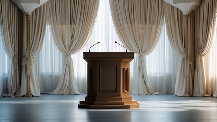 Elegant podium surrounded by serene draped curtains