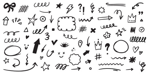Marker scribble elements collection. Grunge hand drawn icons, strokes, underlines, wave brush marks.Vector set isolated on white background.
