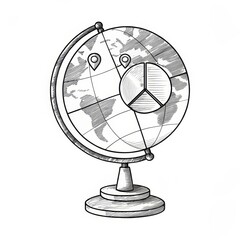Obraz premium A vintage globe illustration showing map markers and a pie chart overlay, symbolizing global data analysis and geography.