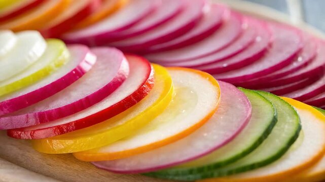 Thinly sliced colorful vegetables arranged neatly in a row on a wooden surface.