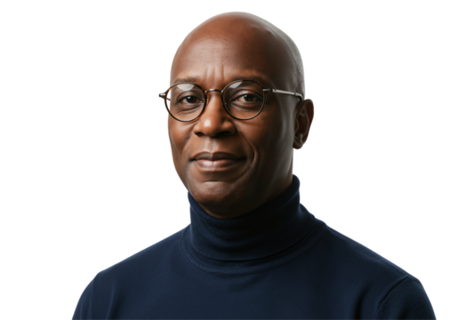 Portrait of a Middle-Aged African American Man with Glasses Posing Against a Dark Background, Exuding Confidence and Wisdom