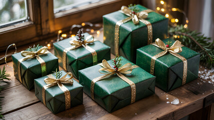 A festive arrangement of red and gold Christmas gift boxes and presents with ribbons and bows sits beneath a decorated Christmas tree, embodying holiday celebration and surprise
