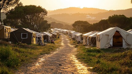 Temporary shelters line a path through a grassy landscape at sunset.  A row of canvas tents, nestled amongst the greenery, stretches into the distance.  
