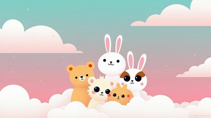 Naklejka premium Cute cartoon animals in clouds with pastel background