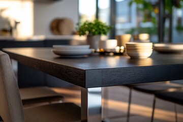 Close-up view of a dining table with minimalist contemporary setting