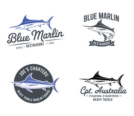Fototapeta premium Four Blue Marlin Logo Designs for Restaurant and Charters