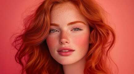 Fototapeta premium Portrait of a beautiful redhead woman with freckles on pink background.