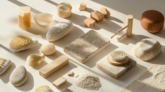 Spa wellness arrangement with natural loofahs brushes and soaps eco friendly lifestyle organic care bathroom accessories