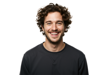 Cheerful 25-year-old Caucasian male with curly hair and a warm smile posing against a black background, exuding positivity and approachability.
