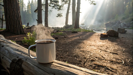 Steaming cup of coffee sits on wooden log in serene forest setting, with sunlight streaming through tall trees and mist in background