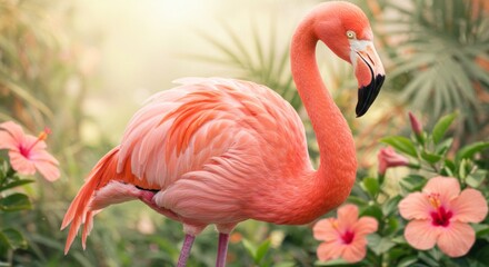 Naklejka premium Vibrant flamingo portrait amidst hibiscus blooms in a tropical paradise