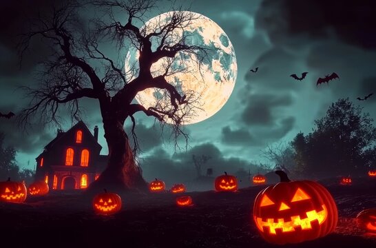 High-resolution, hyper-realistic 3D-rendered Halloween night scene featuring a full moon, a haunted house, and a spooky tree surrounded by pumpkins and bats. The orange pumpkin texture enhances the Ha