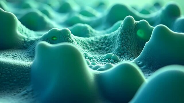 Microscopic teal landscape transforms as bumpy textures morph and shift