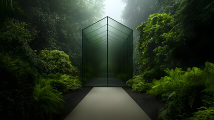 Geometric Glass Structure In Tranquil Garden