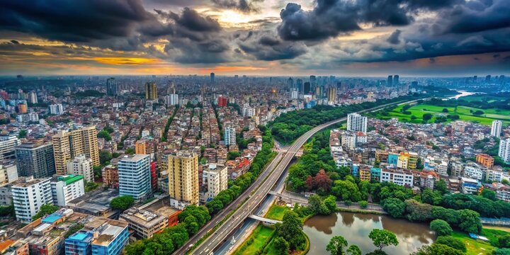 Dhaka City Aerial View: Overcast Sky, Urban Landscape, Bangladesh