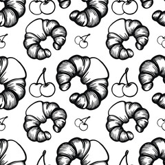 A vector  seamless pattern featuring hand-drawn croissants and cherries on a white background. The croissants are depicted in a detailed, sketchy style, while the cherries are simple yet elegant.