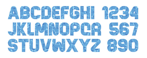 Water Font. Water waves style font design. Letters and numbers. Flat style
