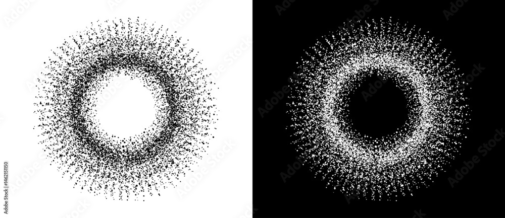 Aufkleber Abstract background with random dots in circle. Art design circle as logo or icon, sun conecept. A black figure on a white background and an equally white figure on the black side.