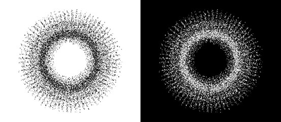 Fototapeta na wymiar Abstract background with random dots in circle. Art design circle as logo or icon, sun conecept. A black figure on a white background and an equally white figure on the black side.