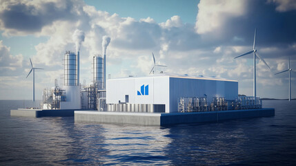 Obraz premium Floating offshore power plant, combining renewable energy sources. Modern, sustainable energy infrastructure