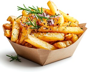Crispy golden fries with rosemary and spices in a brown paper box