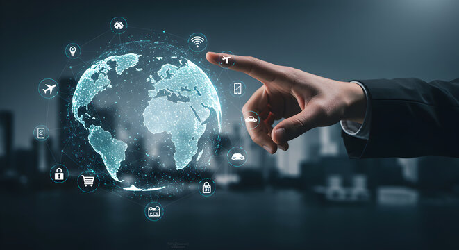 Businessman pointing at digital globe with global network icons for international communication, technology, and worldwide connectivity