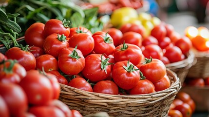Fresh tomatoes in wicker baskets in market display organic produce healthy red vegetables food vibrant