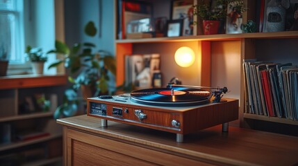 A retro setup with a vinyl player and vintage decor, creating a nostalgic mood