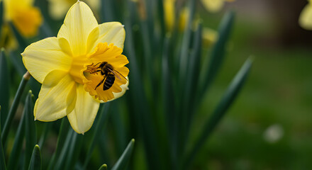 Fototapeta premium Bee Collecting Pollen from Yellow Flower in Spring Garden