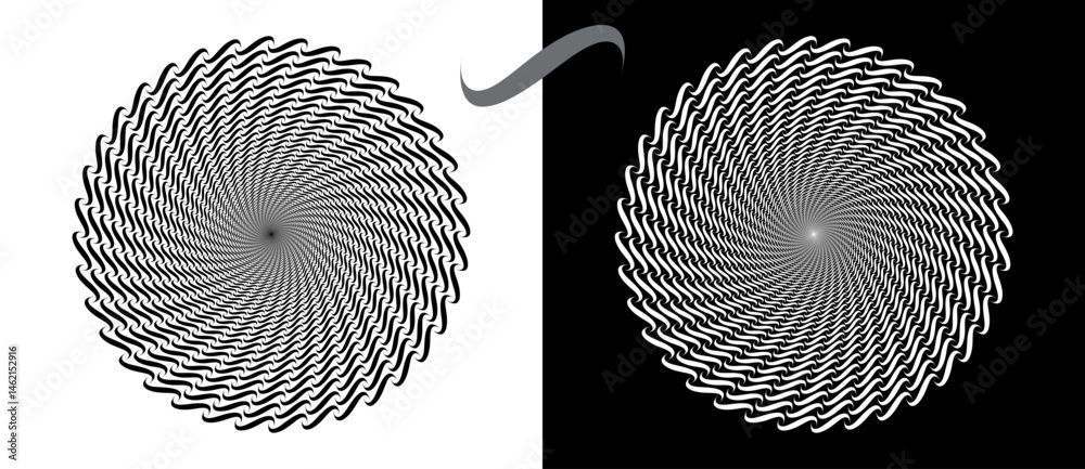 Poster Modern abstract background. Waves in circle form. Spiral logo or icon, design element. Black shape on a white background and the same white shape on the black side.