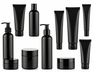 Obraz premium Various Black Cosmetic Containers On White Background