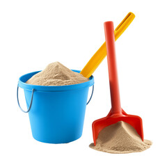 A bucket filled with sand, accompanied by a shovel and a rake, creating a playful beach scene. The objects are brightly colored, symbolizing fun and relaxation.