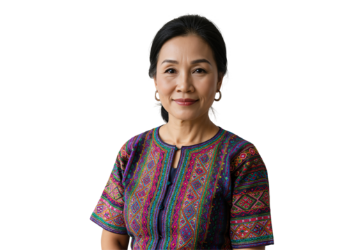 Elegant middle-aged Asian woman in traditional attire, showcasing cultural heritage through vibrant embroidery, with a confident and warm expression against a black background.