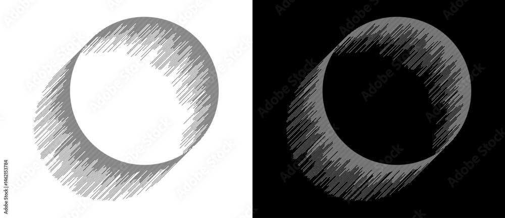 Poster Circles with parallel lines. A white circle on a black background and the same illustration with inverted colors.