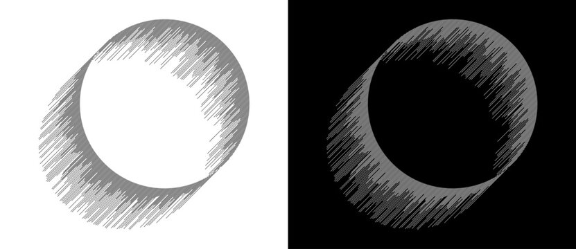 Circles with parallel lines. A white circle on a black background and the same illustration with inverted colors.