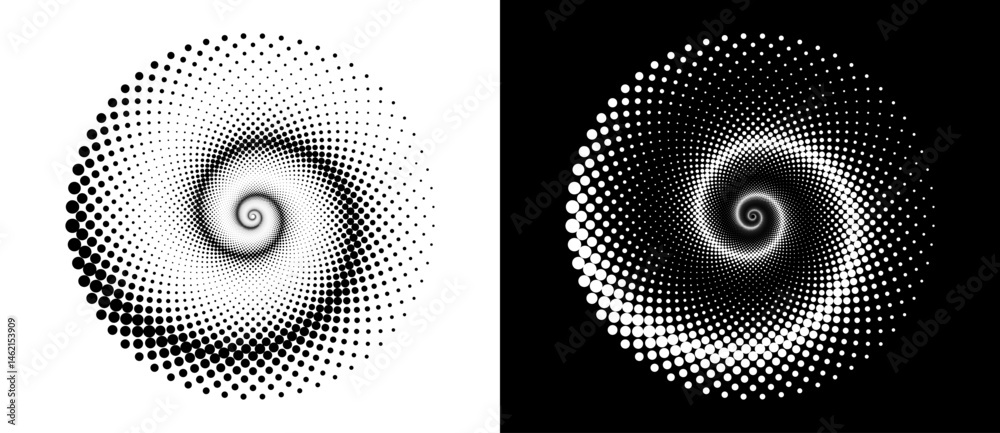Aufkleber Modern abstract background. Halftone dots in circle form. Spiral logo, icon or design element. Black dots on a white background and white dots on the black side.