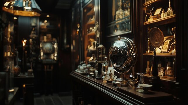 Antique shop interior with vintage objects and globe nostalgic atmosphere elegant collection of artifacts decor