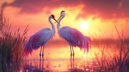 Two graceful cranes, vibrant sunset hues,  loving embrace