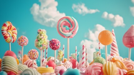 Whimsical candy land fantasy world pastel lollipops surreal sweets landscape creative imaginative colorful dreamy fun