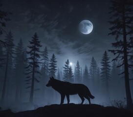Silhouetted wolf against moonlit forest, chilling wilderness ,  solitary,  wildlife,  isolated