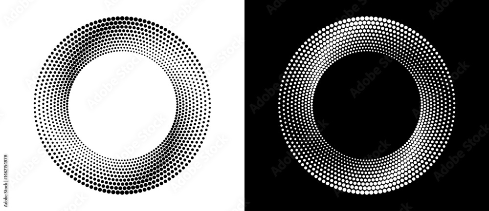 Poster Modern abstract background. Halftone dots in circle form. Spiral logo, icon or design element. Black dots on a white background and white dots on the black side.