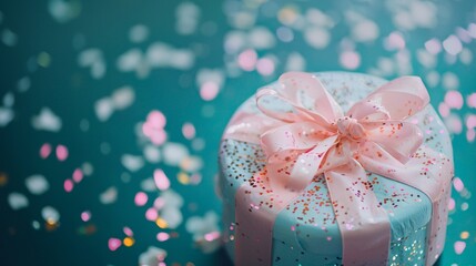 Fototapeta premium Close up of pastel pink gift box with bow sparkles celebration birthday present party sweet
