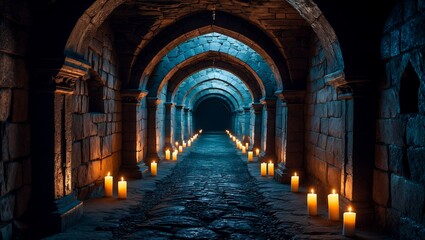 Fototapeta premium Mysterious candlelit corridor of an ancient castle