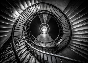 Fototapeta premium Dramatic Black and White Spiral Staircase Night Photography - Architectural Detail