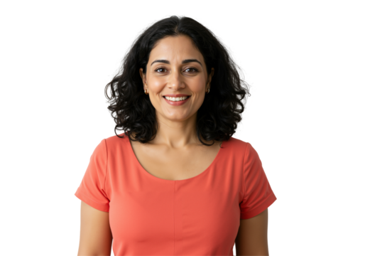 Smiling Middle-Eastern Woman in Coral Top Against Black Background with Curly Hair and Positive Expression