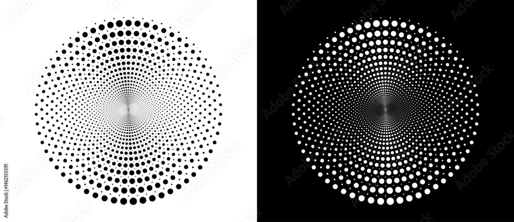 Aufkleber Modern abstract background. Halftone dots in circle form. Round logo. Vector dotted frame. Design element or icon. Black shape on a white background and the same white shape on the black side.