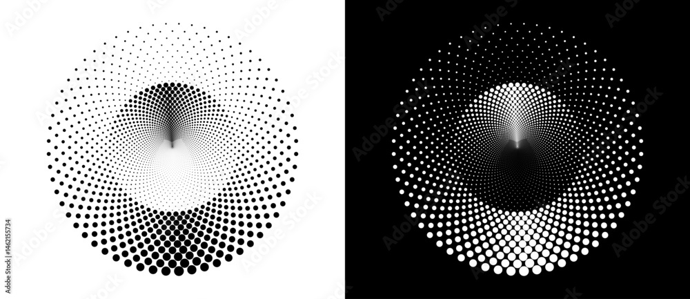 Fototapete Modern abstract background. Halftone dots in circle form. Round logo. Vector dotted frame. Design element or icon. Black shape on a white background and the same white shape on the black side.