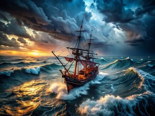 Obraz premium Dramatic Drone Shot: Medieval Ship Battling Night Storm